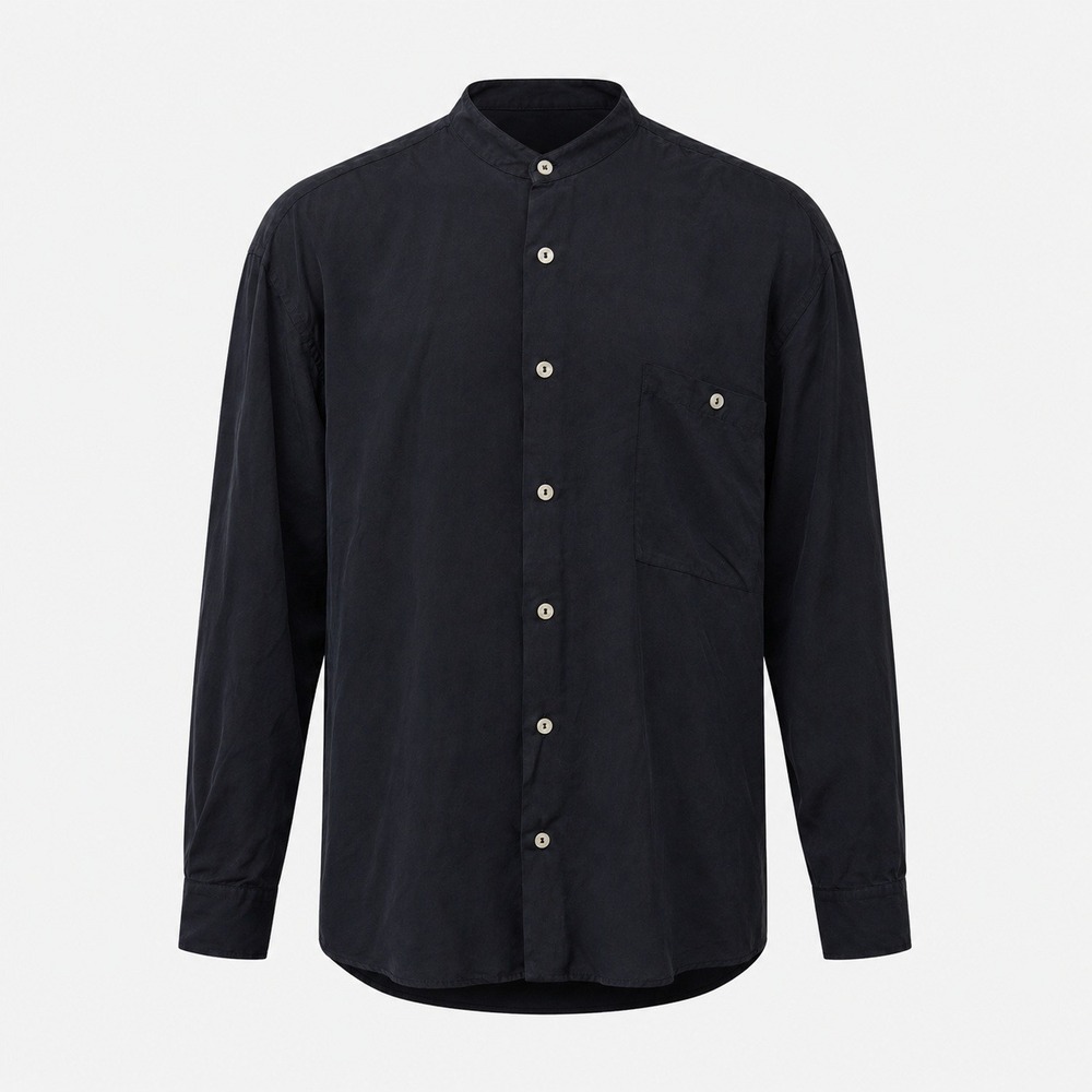 Burma Bibas Mens Black 100% Silk Band Collar Long Sleeve Button Down Shirt Large